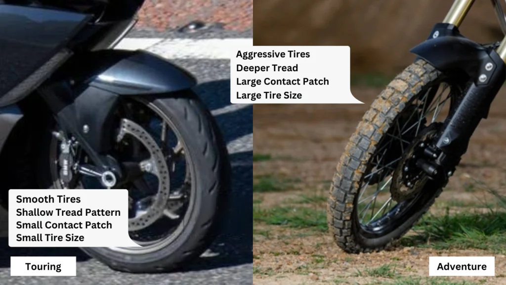 Image comparing the tires of adventure and touring motorcycle