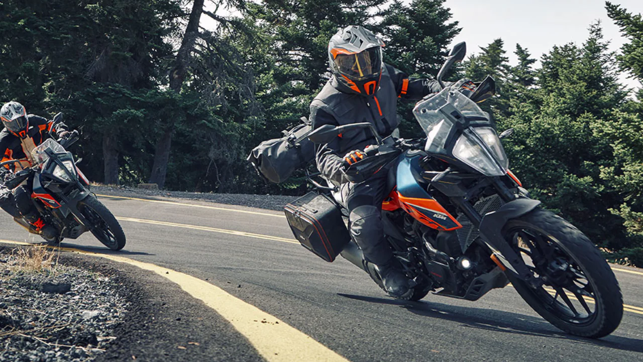 Image of a KTM 390 Adventure on a Paved road taking a cornering